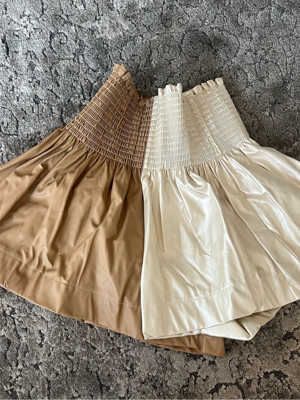 Queen of Sparkle Smocked Waist Two-Tone Faux Leather shorts- Cream & Tan